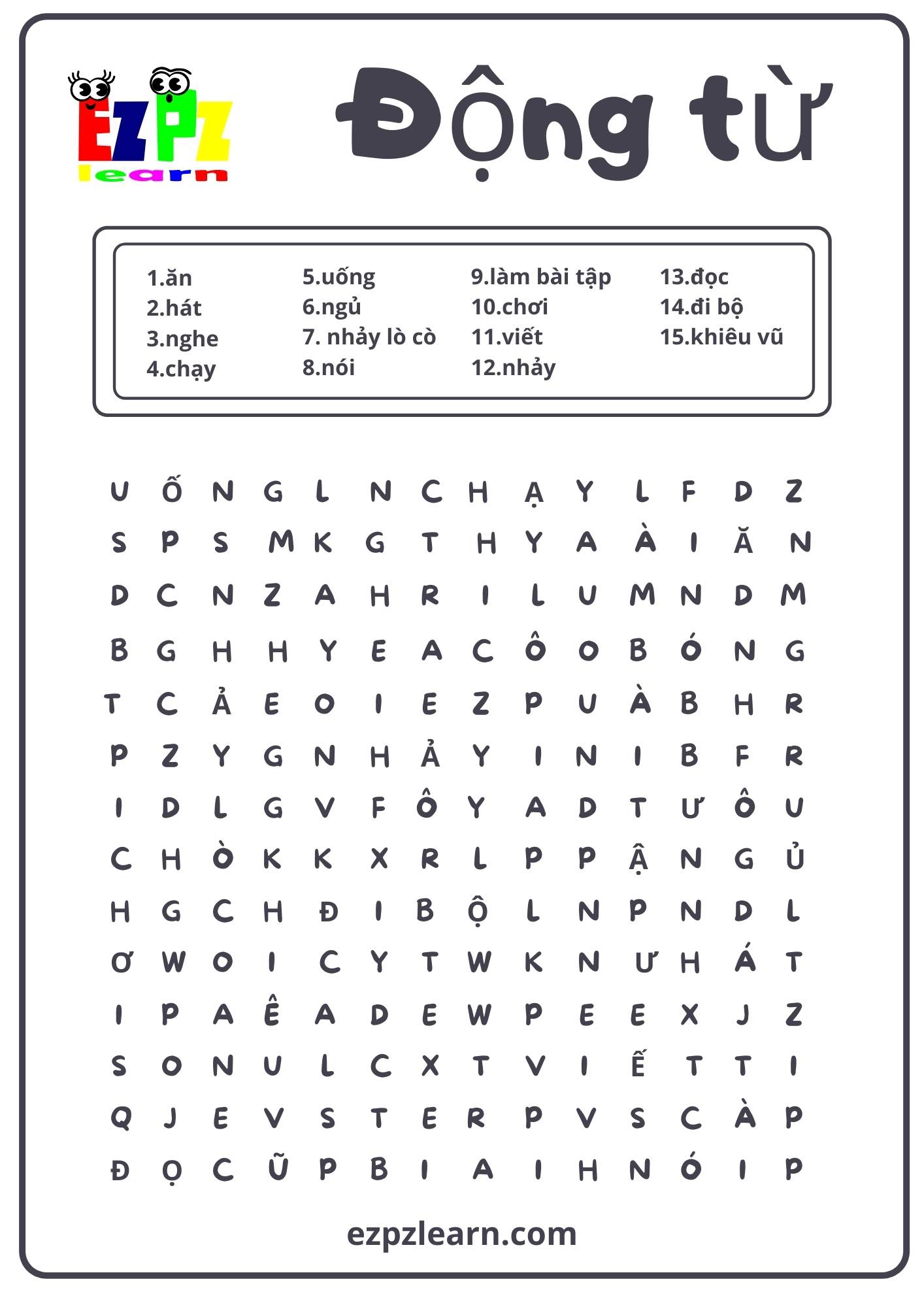 Action Verbs Word Search - Ezpzlearn.com